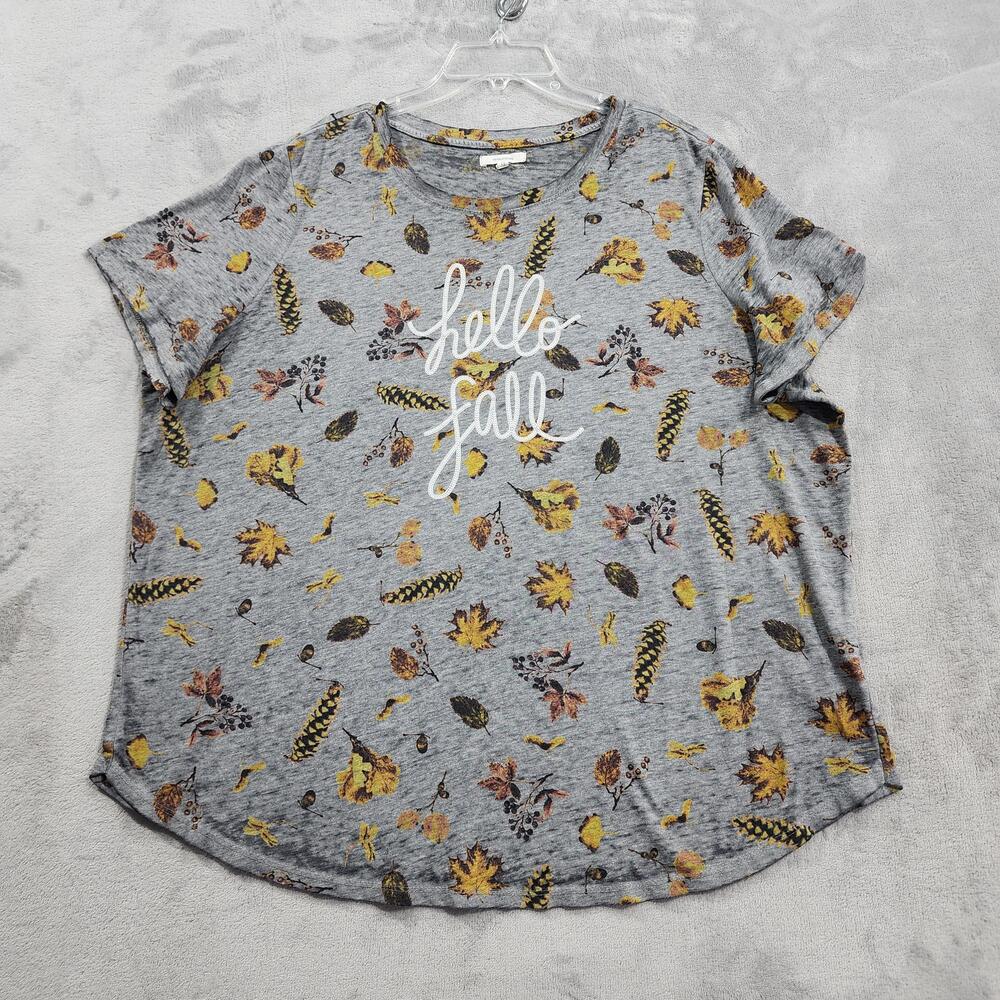Maurices Shirt Womens 1X Gray Hello Fall Leaves Graphic Tee Casual Curved Hem